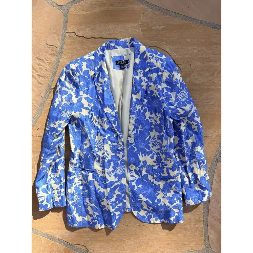 J.Crew Drapey Long Parke Printed Blazer Cupro Blend In Sail Blue Size 4 ES
